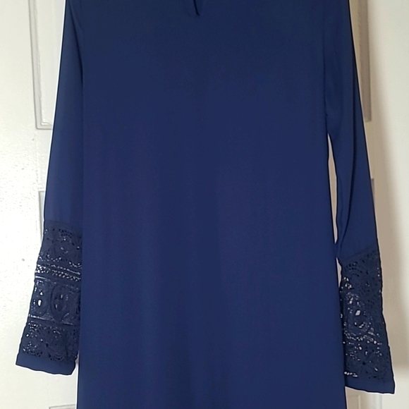SHEIN Navy Smocked Midi Dress Ruffle Collar Lace Trim XS - Picture 11 of 17